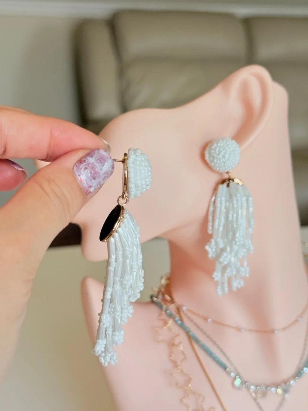 Elegant White Beaded Tassel Drop Earrings